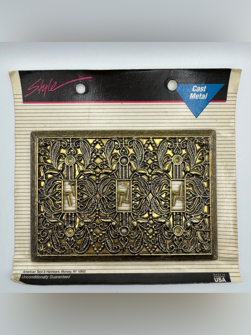 Vtg 90’s AmerTac Style Cast Metal Triple Toggle Wall Plate Cover Antique Brass